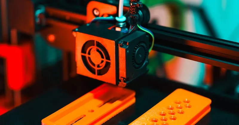 Detailed view of a 3D printer in action, extruding orange plastic components.