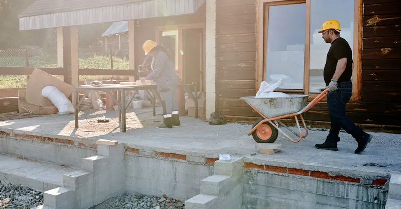 Two construction workers renovating a house exterior, carrying materials and working on woodwork.