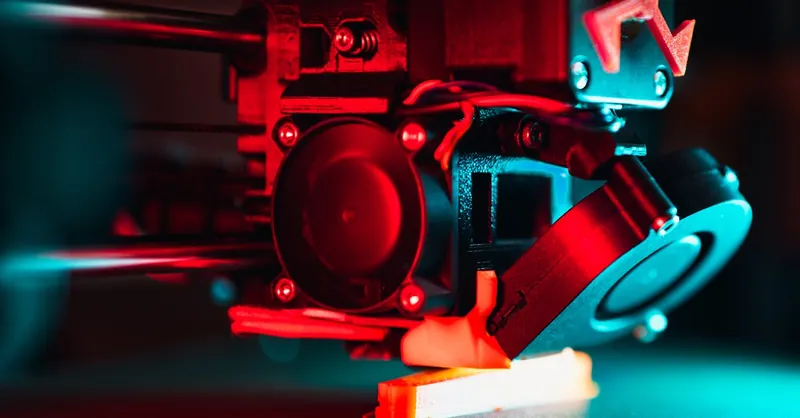 Vibrant close-up of a 3D printer creating a prototype with red and blue lights.