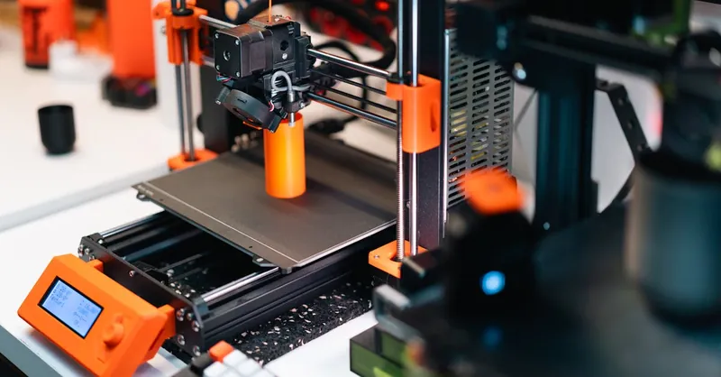 3D printer operating in a workshop, creating a prototype with orange accents.