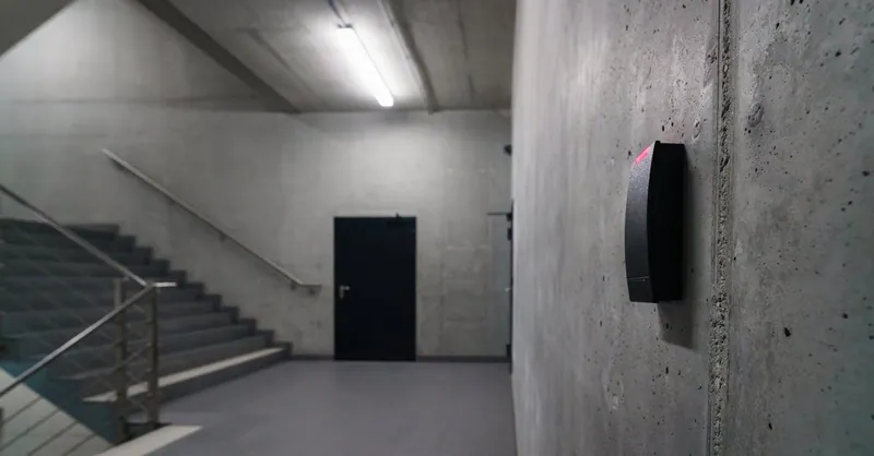 Minimalist concrete staircase with security device in office building corridor.