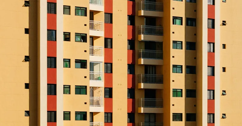 Close-up view of a contemporary high-rise building facade featuring a pattern of balconies and colorful panels.