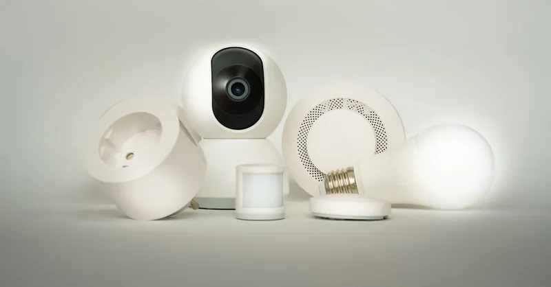 A collection of smart home devices, including a camera, light bulb, and sensors, on display.