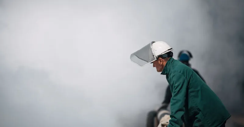 Industrial worker in protective gear inspecting a large pipe amidst dense smoke in an outdoor setting.