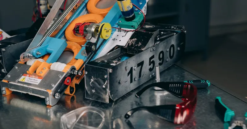 Detailed shot of a robotics machine with safety glasses and tools on metal surface.