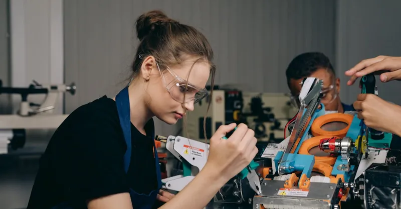 Female engineer in a workshop assembling robots with precision tools and safety gear.
