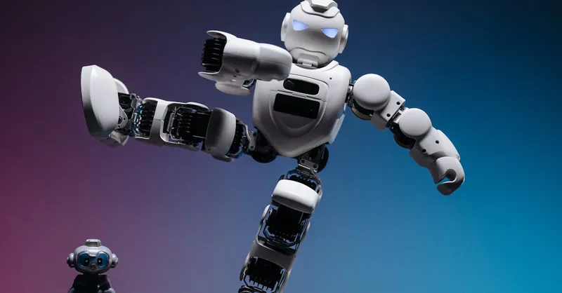 Close-up of two futuristic robots in a studio setting, showcasing advanced robotics and innovation.