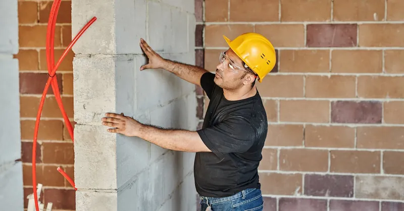 Man in hard hat checks brick wall in indoor construction site.