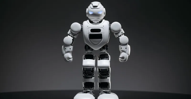 Close-up of a modern white robot with glowing eyes, symbolizing future technology and innovation.