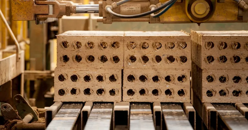Close-up of machinery producing bricks in a factory. Precision and efficiency in industrial manufacturing.