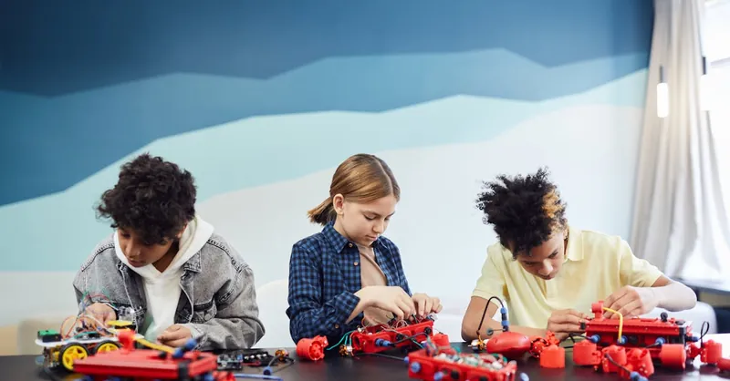 Children working on robotics projects in a classroom setting, learning and engaging.