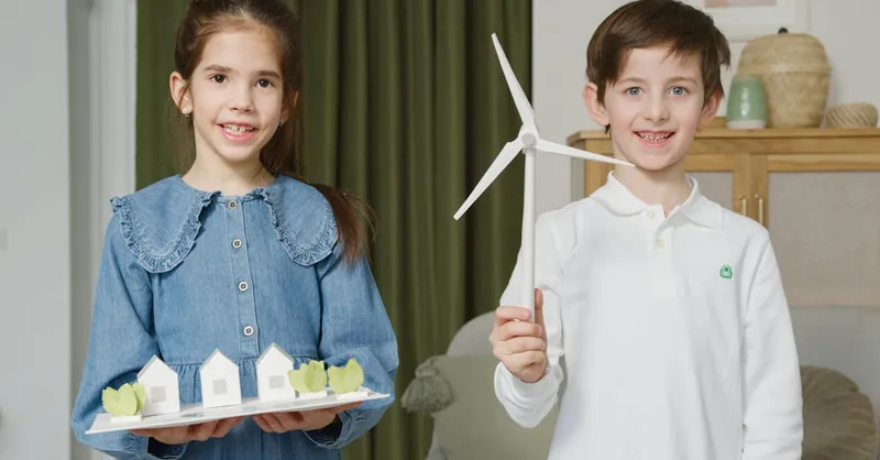 Two children presenting a wind turbine model and eco-friendly homes indoors for learning.